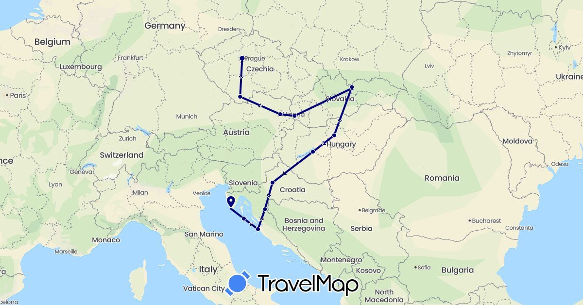 TravelMap itinerary: driving in Austria, Czech Republic, Croatia, Hungary, Slovakia (Europe)